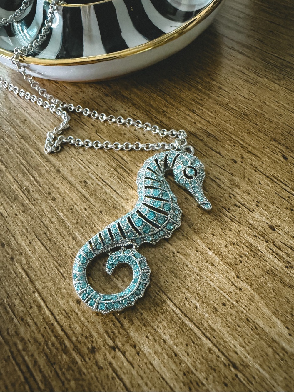 Silver Tone Seahorse Crystal Pendant Necklace